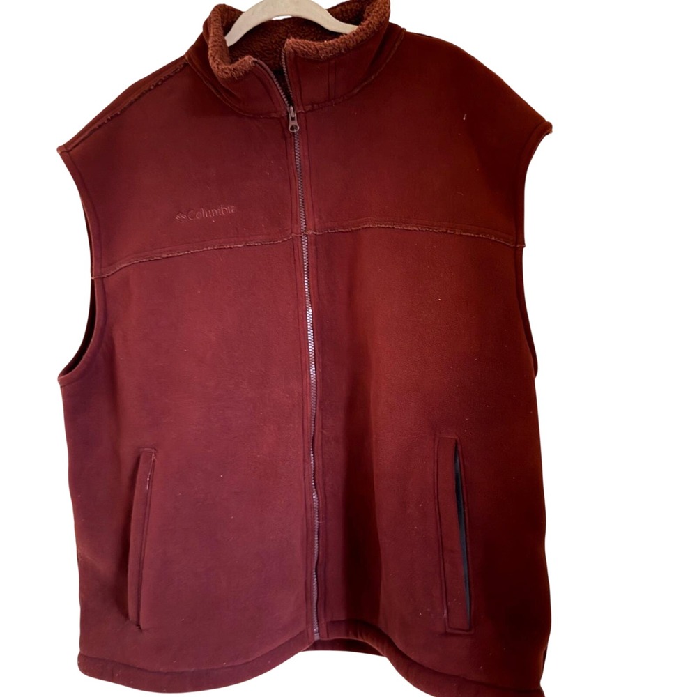 Columbia Fleece Vest Mens XL Burgundy Maroon Full Zip Sherpa Lined Collar Heavy